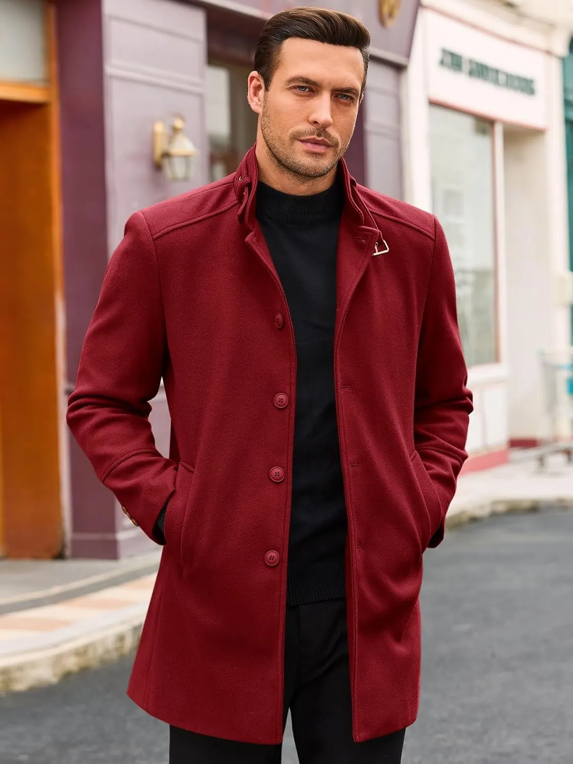 Runcati Mens Trench Coat Stand Collar Casual Slim Fit Single Breasted Pea Coat Overcoat