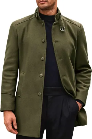 Runcati Mens Trench Coat Stand Collar Casual Slim Fit Single Breasted Pea Coat Overcoat