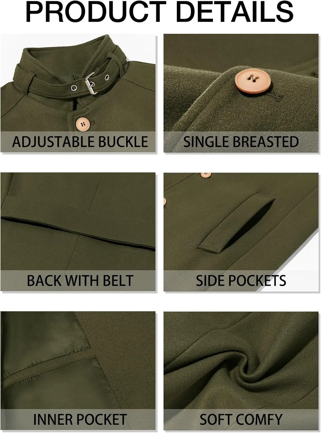 Runcati Mens Trench Coat Stand Collar Casual Slim Fit Single Breasted Pea Coat Overcoat
