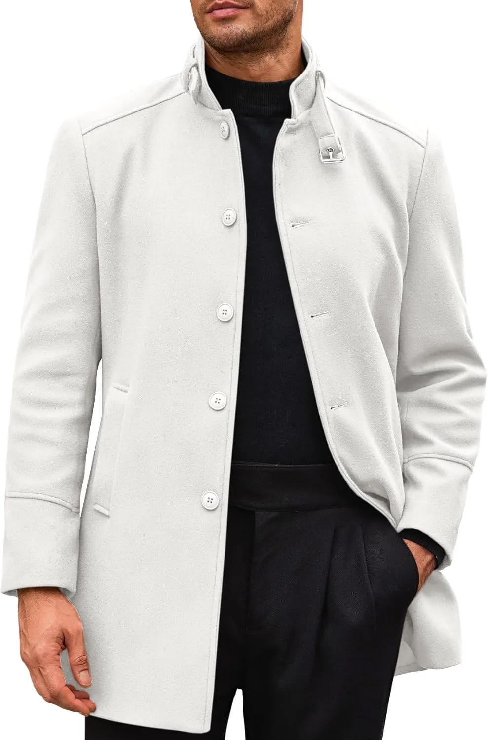Runcati Mens Trench Coat Stand Collar Casual Slim Fit Single Breasted Pea Coat Overcoat
