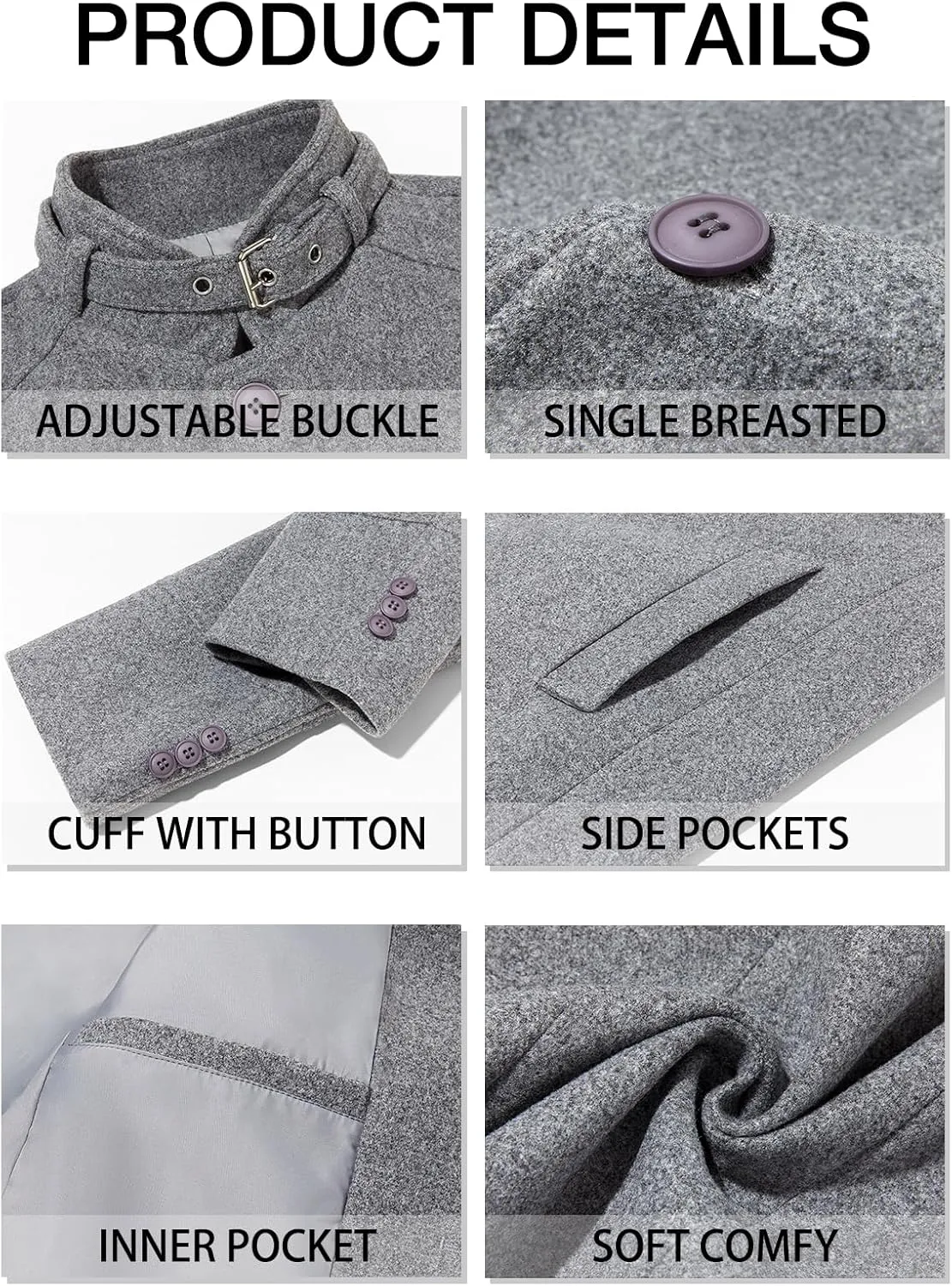Runcati Mens Trench Coat Stand Collar Casual Slim Fit Single Breasted Pea Coat Overcoat
