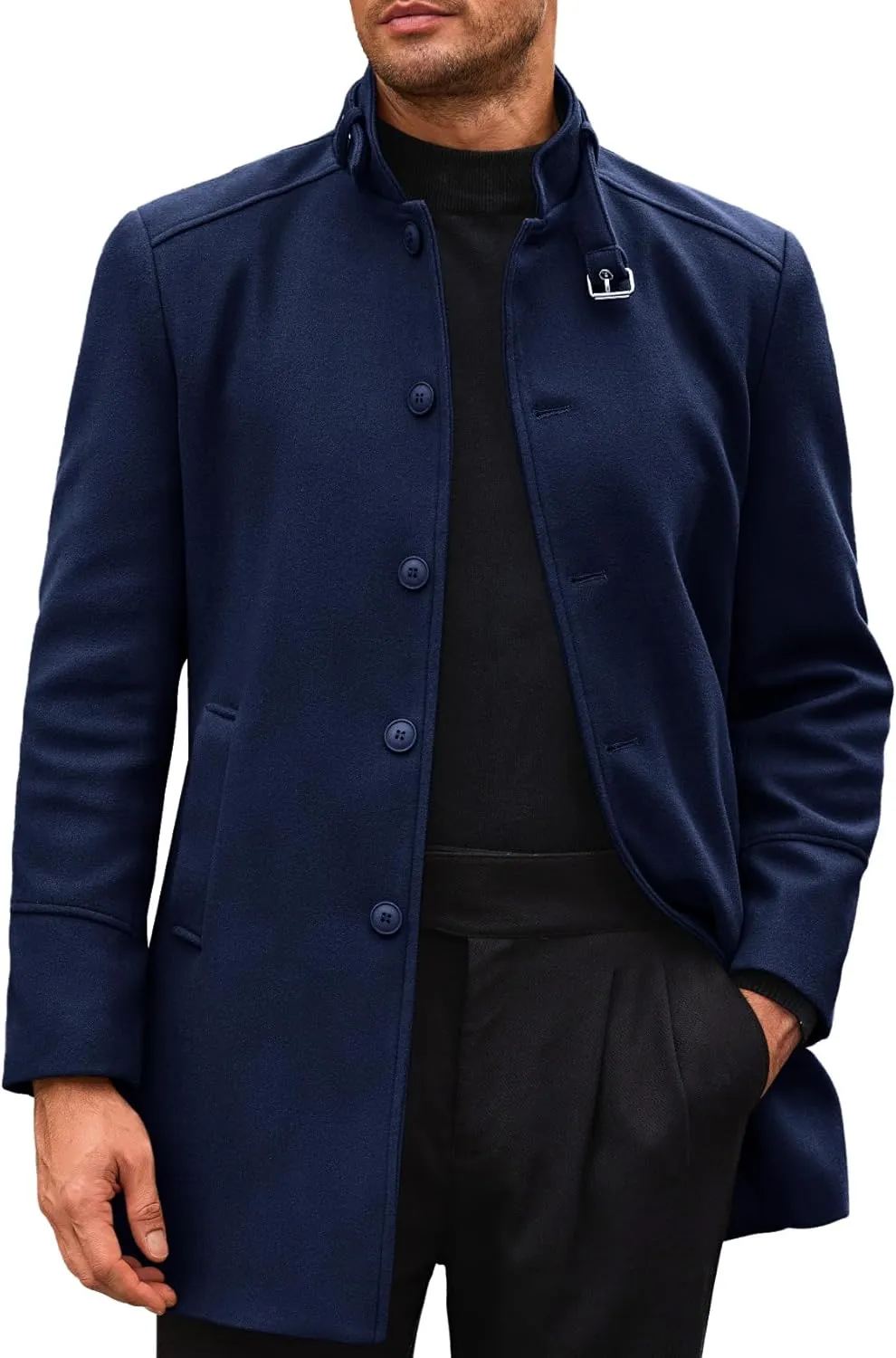 Runcati Mens Trench Coat Stand Collar Casual Slim Fit Single Breasted Pea Coat Overcoat