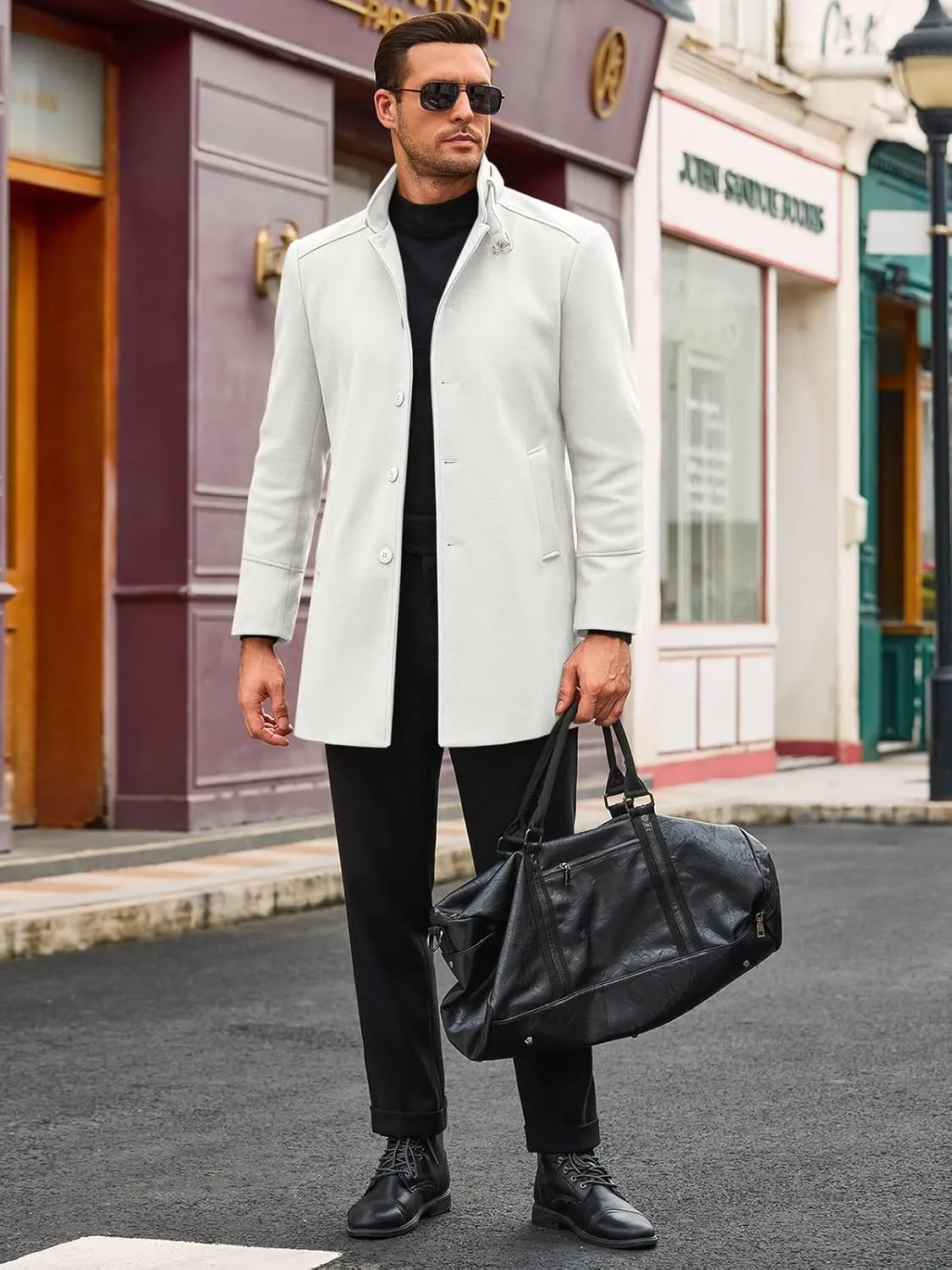 Runcati Mens Trench Coat Stand Collar Casual Slim Fit Single Breasted Pea Coat Overcoat