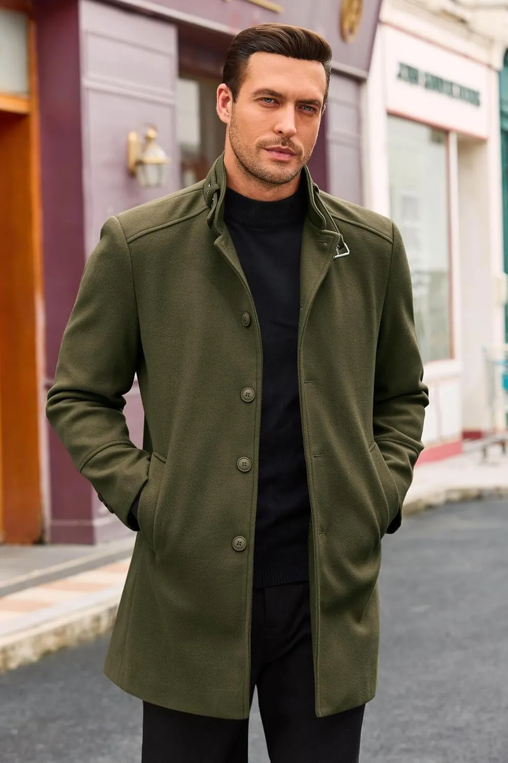 Runcati Mens Trench Coat Stand Collar Casual Slim Fit Single Breasted Pea Coat Overcoat