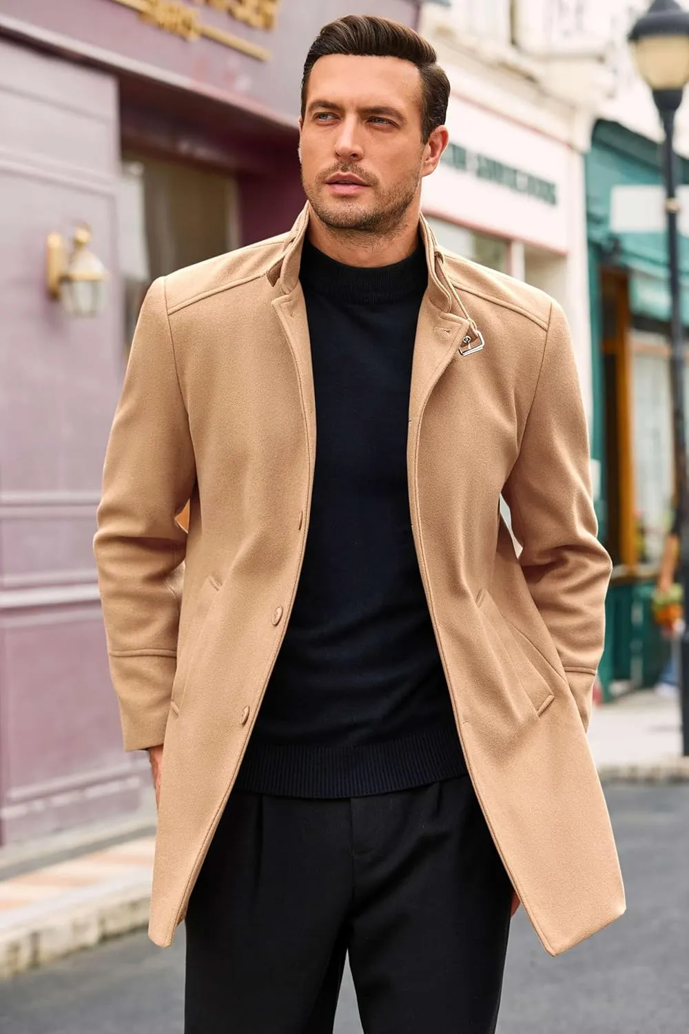 Runcati Mens Trench Coat Stand Collar Casual Slim Fit Single Breasted Pea Coat Overcoat