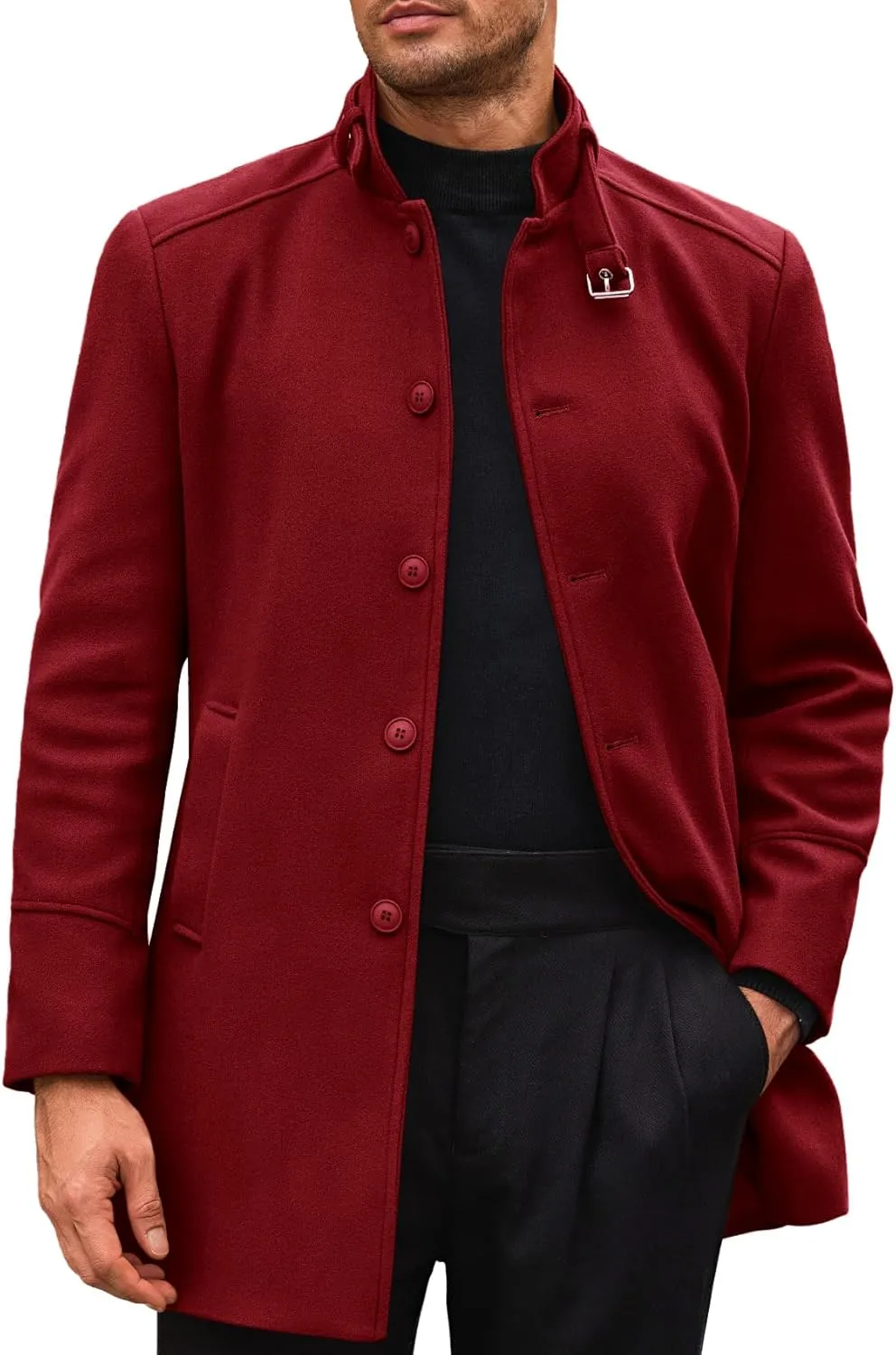Runcati Mens Trench Coat Stand Collar Casual Slim Fit Single Breasted Pea Coat Overcoat