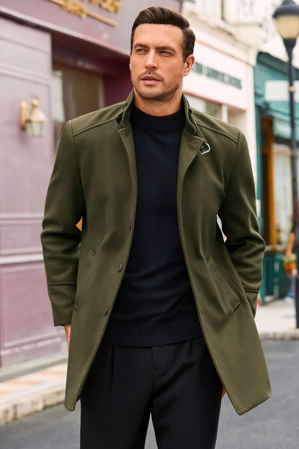 Runcati Mens Trench Coat Stand Collar Casual Slim Fit Single Breasted Pea Coat Overcoat