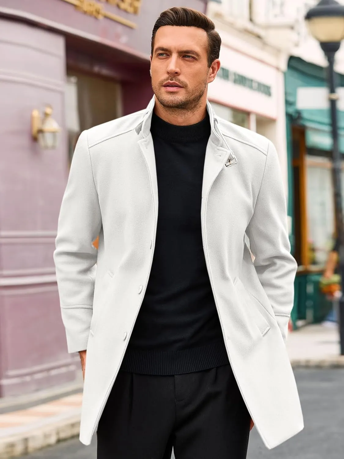 Runcati Mens Trench Coat Stand Collar Casual Slim Fit Single Breasted Pea Coat Overcoat
