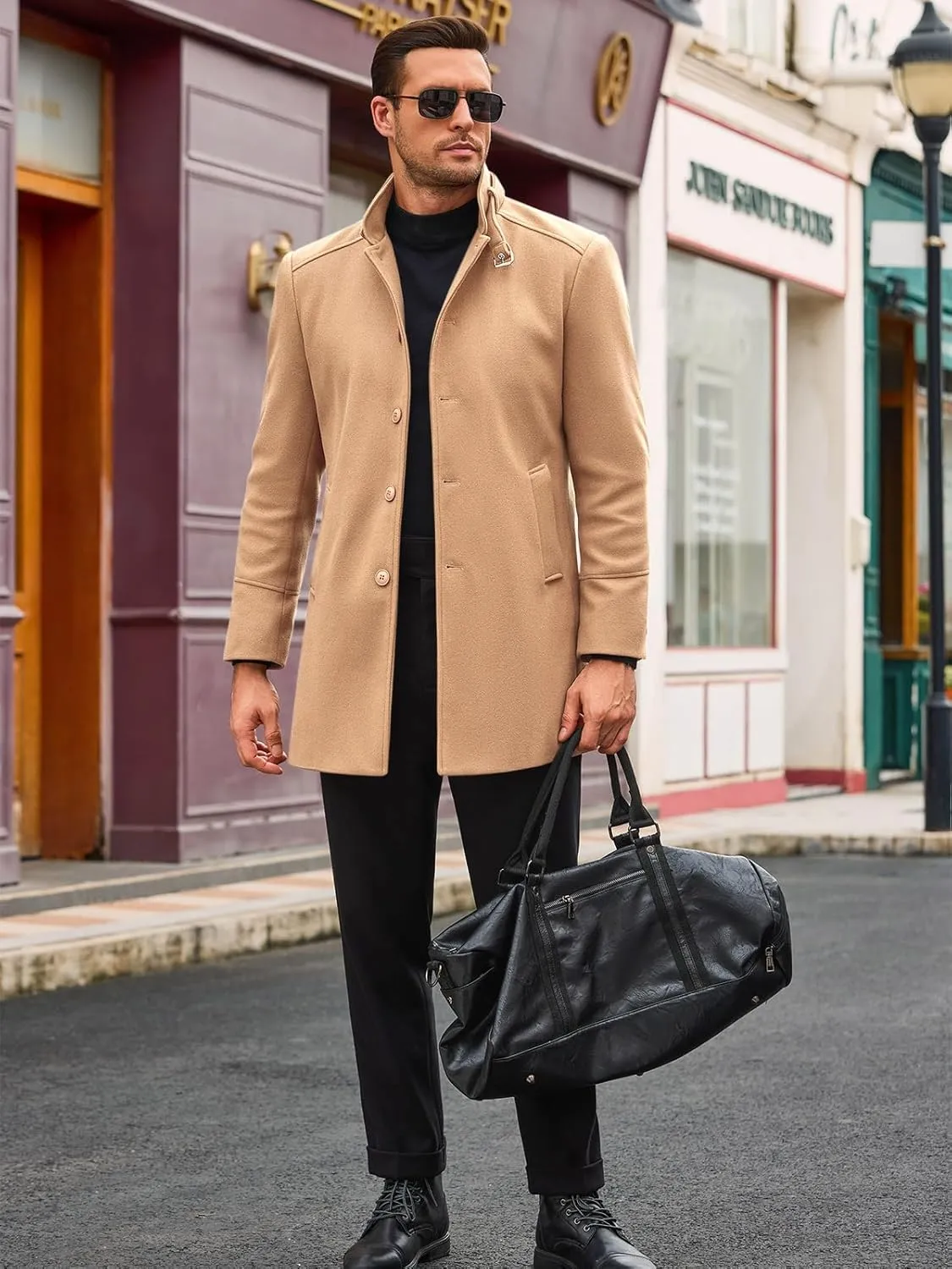 Runcati Mens Trench Coat Stand Collar Casual Slim Fit Single Breasted Pea Coat Overcoat