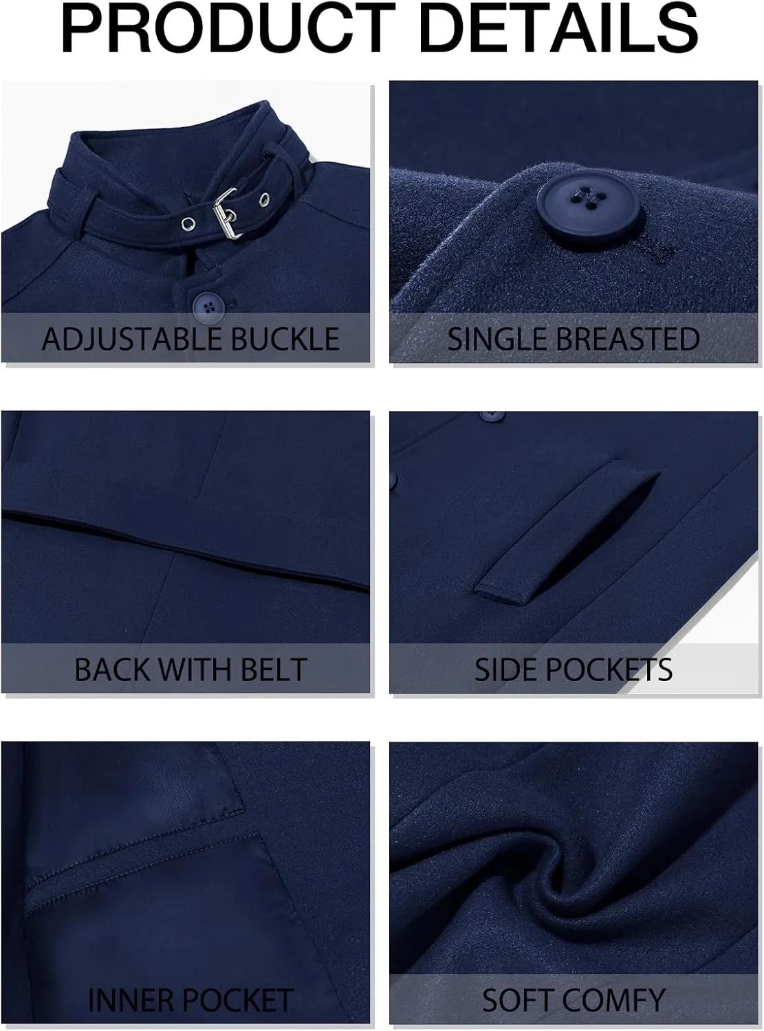 Runcati Mens Trench Coat Stand Collar Casual Slim Fit Single Breasted Pea Coat Overcoat