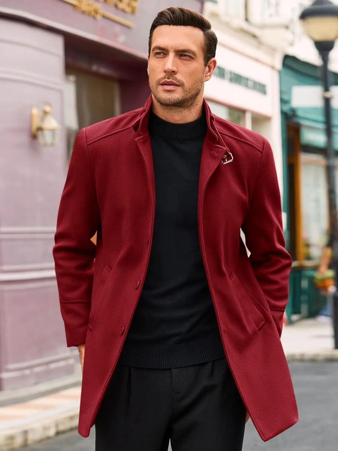 Runcati Mens Trench Coat Stand Collar Casual Slim Fit Single Breasted Pea Coat Overcoat