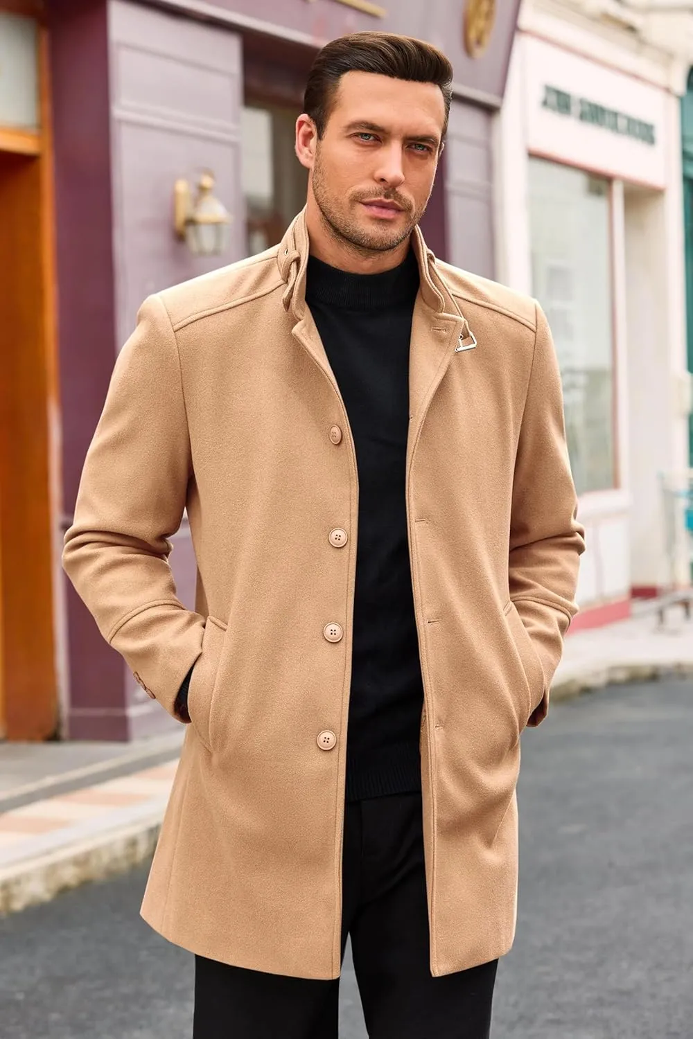 Runcati Mens Trench Coat Stand Collar Casual Slim Fit Single Breasted Pea Coat Overcoat