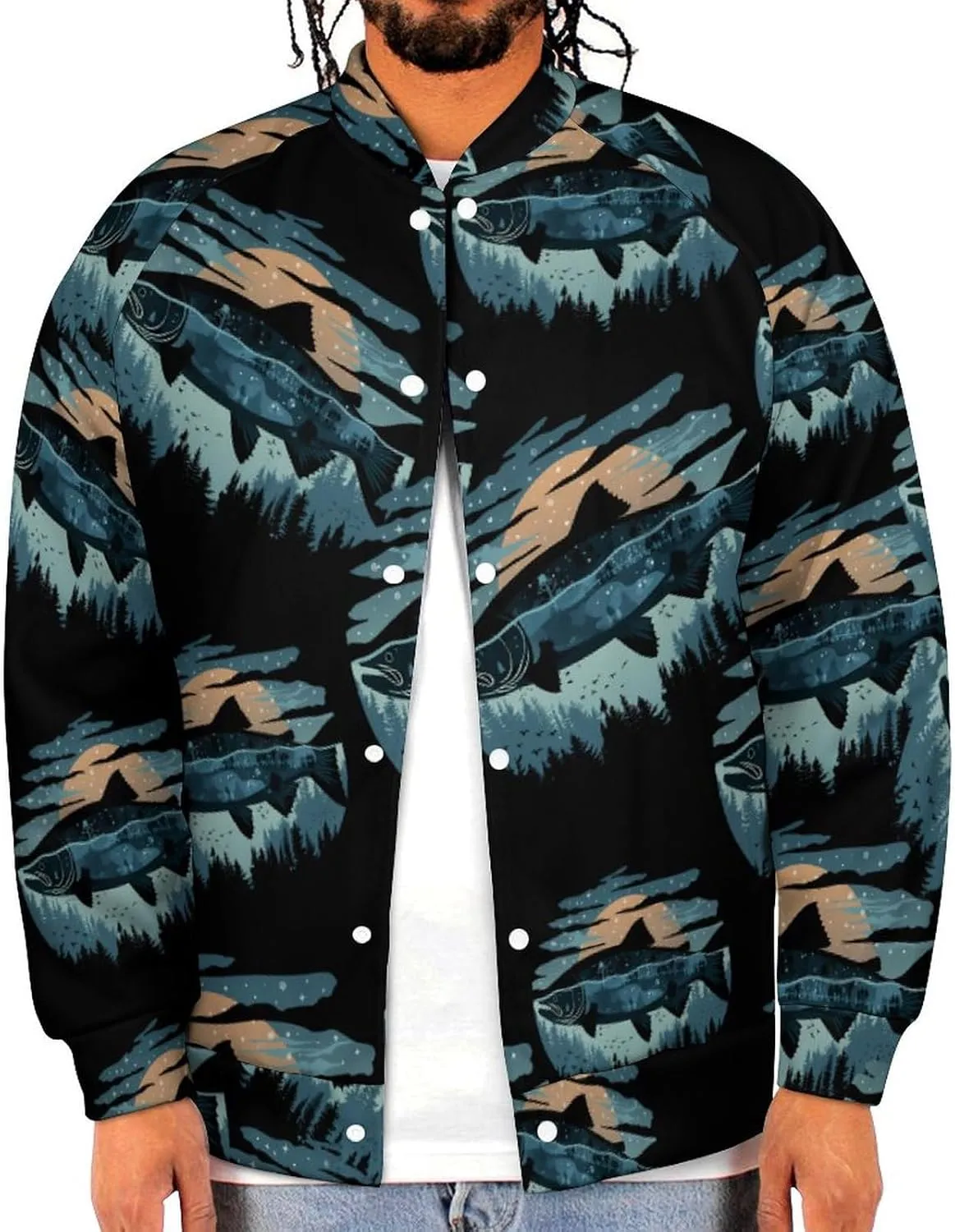 Salmon Fish World Lightweight Men's Baseball Jackets Relaxed Fit Varsity Bomber Jacket Windbreaker Coat