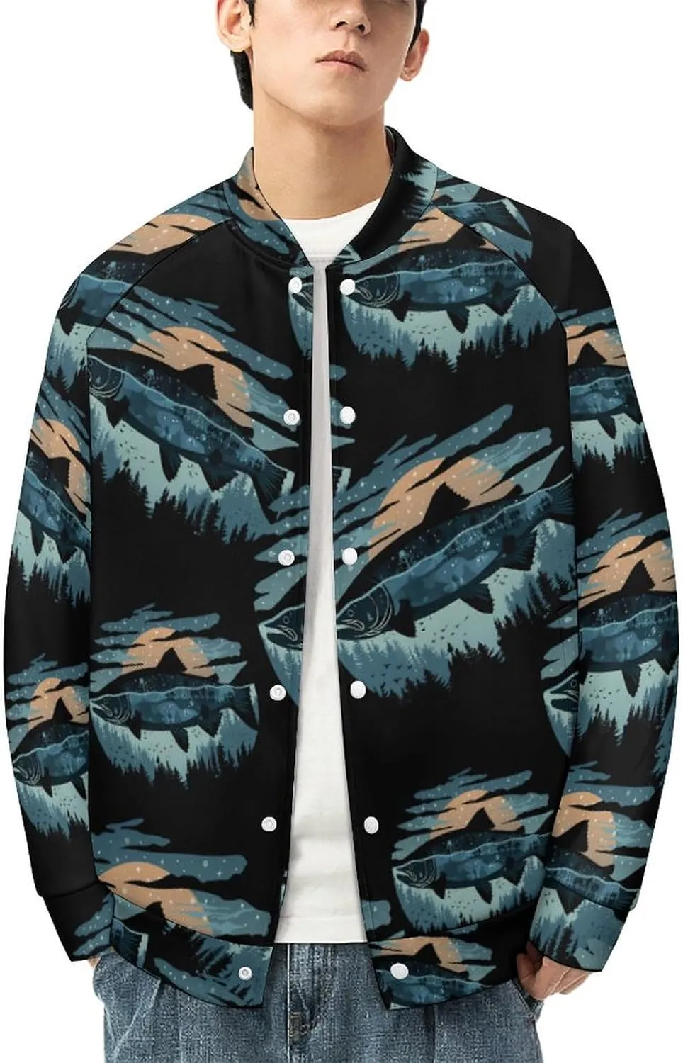 Salmon Fish World Lightweight Men's Baseball Jackets Relaxed Fit Varsity Bomber Jacket Windbreaker Coat