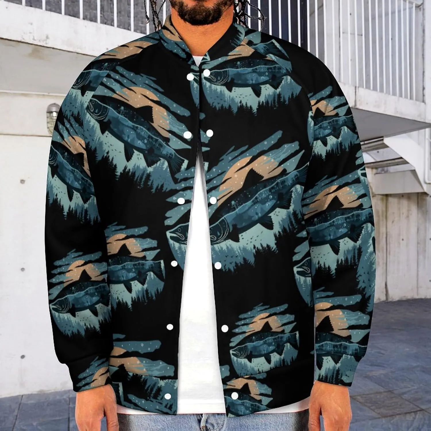Salmon Fish World Lightweight Men's Baseball Jackets Relaxed Fit Varsity Bomber Jacket Windbreaker Coat
