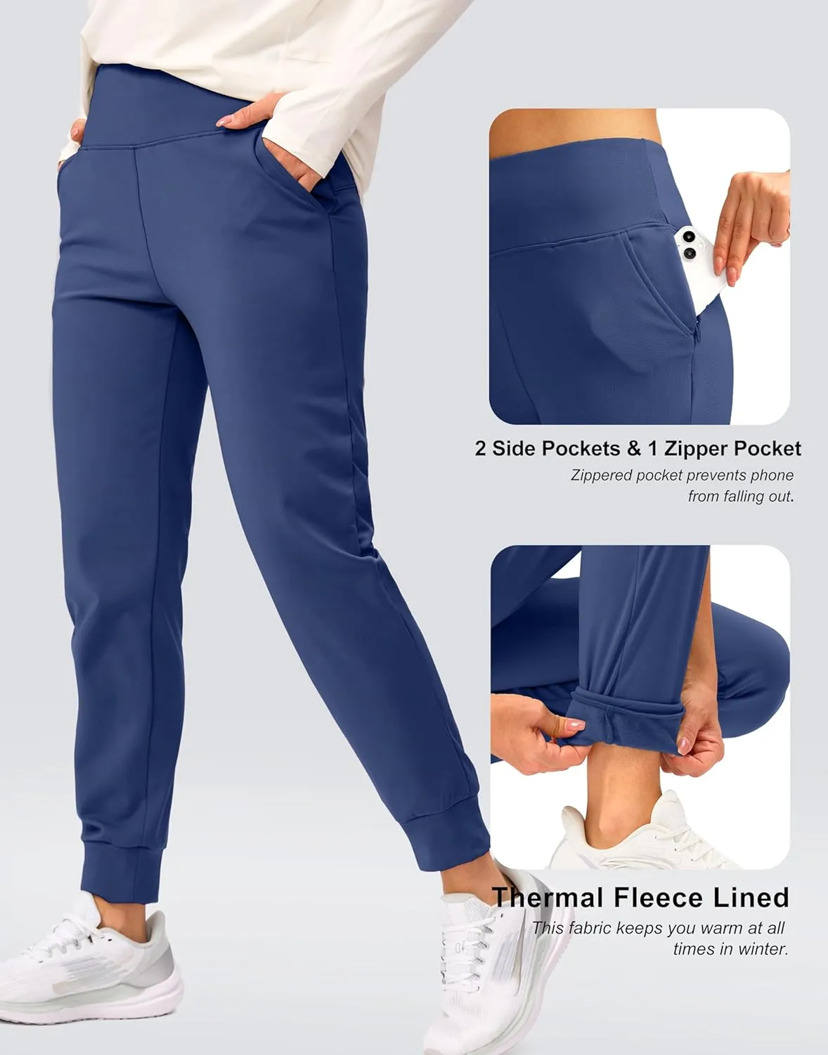 SANTINY Women's Fleece Lined Joggers Water Resistant High Waisted Thermal Sweatpants Winter Pants Hiking Running Pockets