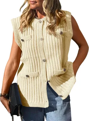 Saodimallsu Womens Sleeveless Sweater Vest Button Up Cable Knit Crew Neck Trendy Casual Loose Summer Cardigan