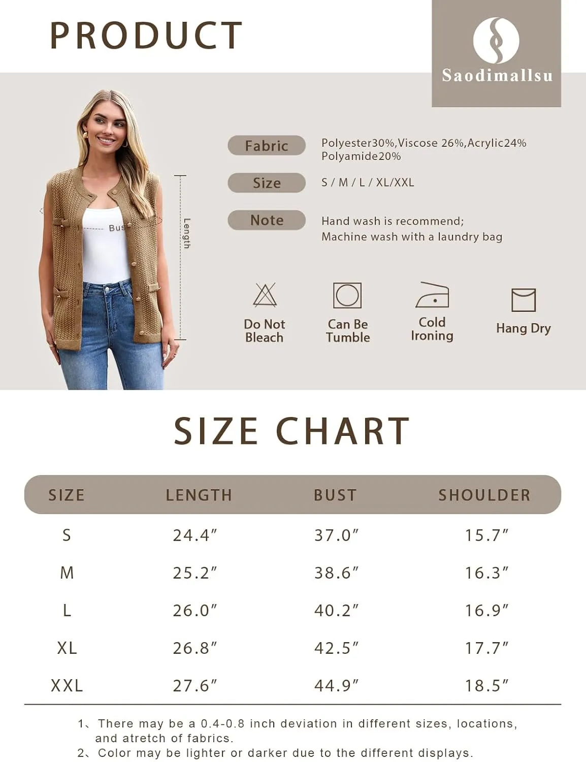 Saodimallsu Womens Sleeveless Sweater Vest Button Up Cable Knit Crew Neck Trendy Casual Loose Summer Cardigan