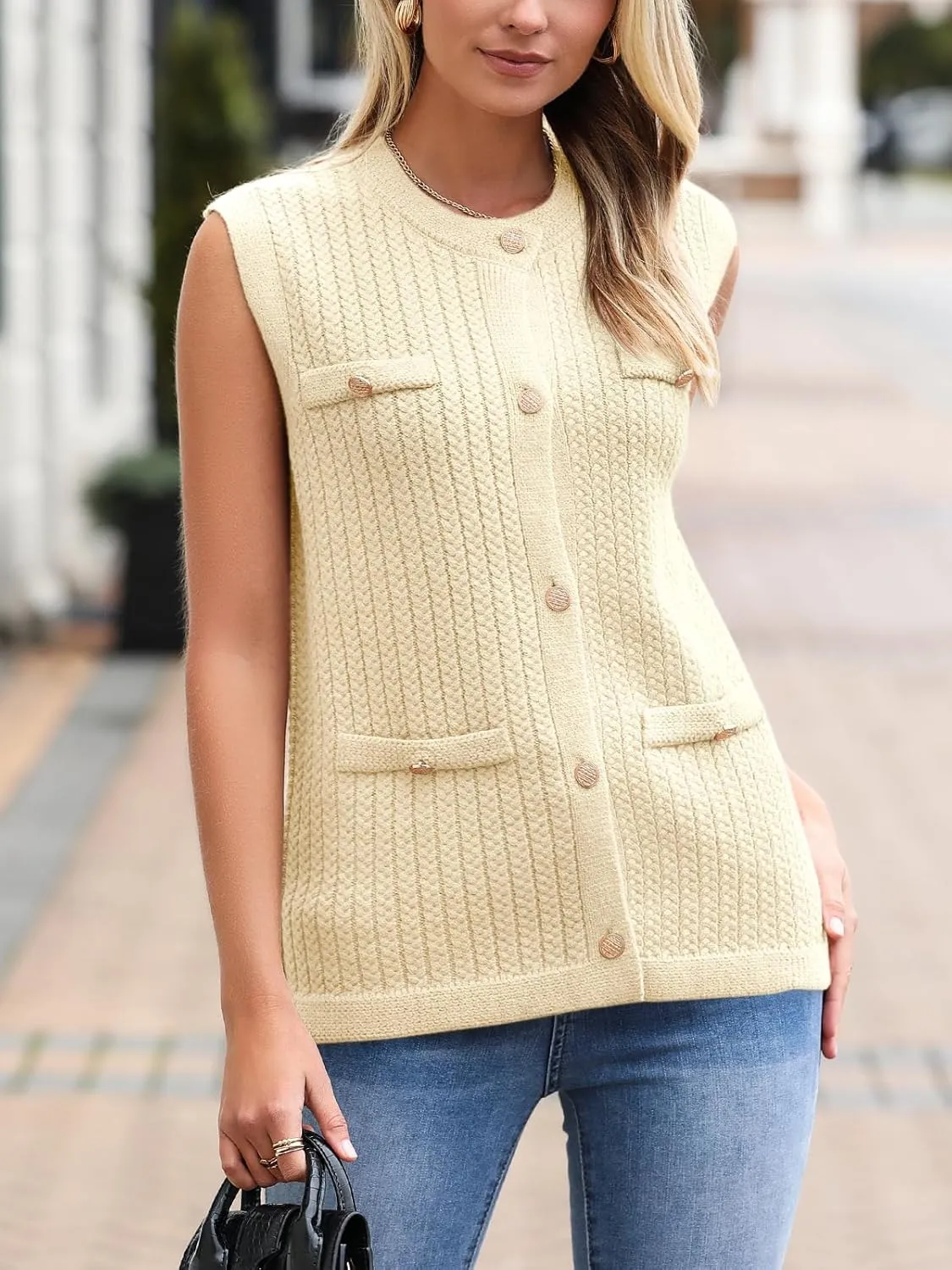 Saodimallsu Womens Sleeveless Sweater Vest Button Up Cable Knit Crew Neck Trendy Casual Loose Summer Cardigan