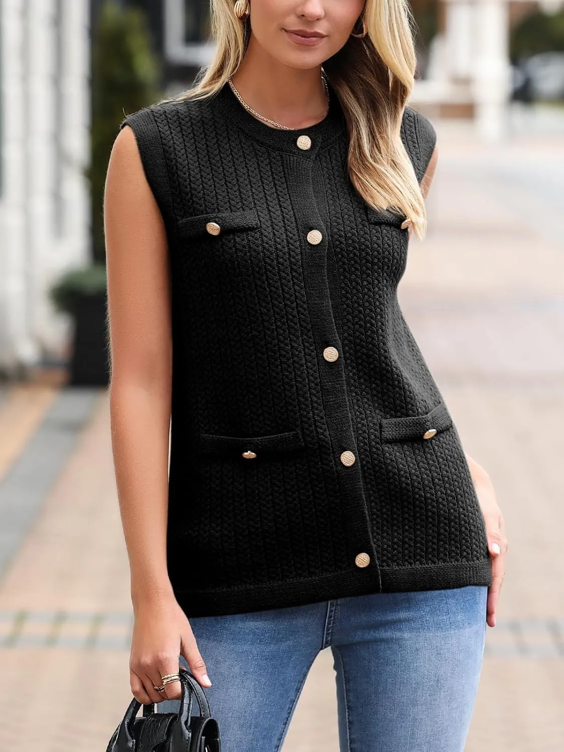 Saodimallsu Womens Sleeveless Sweater Vest Button Up Cable Knit Crew Neck Trendy Casual Loose Summer Cardigan