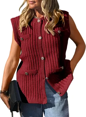 Saodimallsu Womens Sleeveless Sweater Vest Button Up Cable Knit Crew Neck Trendy Casual Loose Summer Cardigan