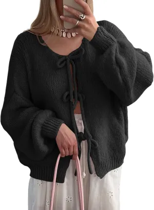 Saodimallsu Womens Tie Front Cardigan Sweaters Cute Bow Puff Long Sleeve 2024 Fall Loose Ribbed Knit Trendy Sweater Tops
