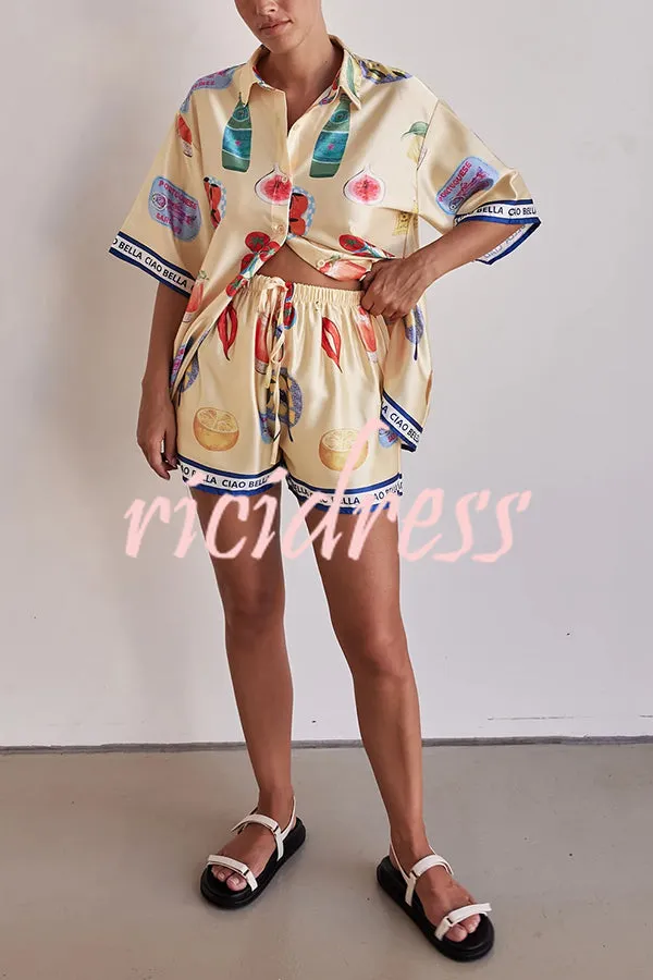 Satin Unique Print Lapel Short Sleeve Loose Shirt and Elastic Waist Drawstring Shorts Set