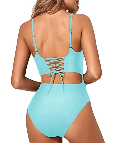 Scoop Neck High Waisted Sexy Cutout One Piece Swimsuits-Light Blue