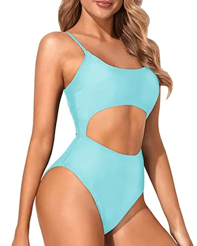 Scoop Neck High Waisted Sexy Cutout One Piece Swimsuits-Light Blue