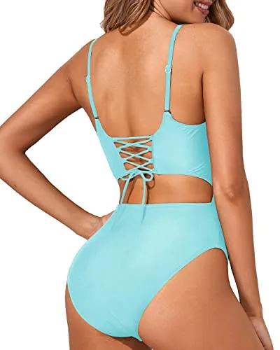 Scoop Neck High Waisted Sexy Cutout One Piece Swimsuits-Light Blue