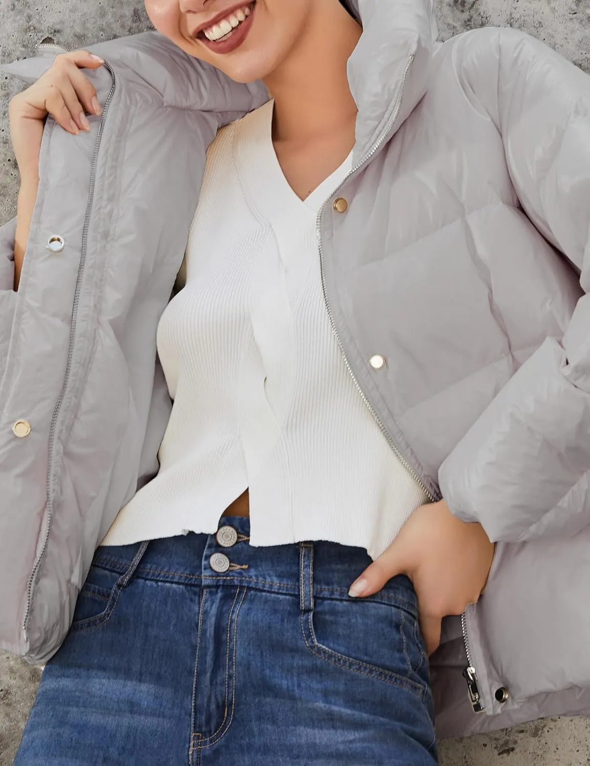 SDEER Women's Short Down Jacket Long Sleeve Zipper Button Goose Down Jacket Coats Thickened Warm Winter Coat