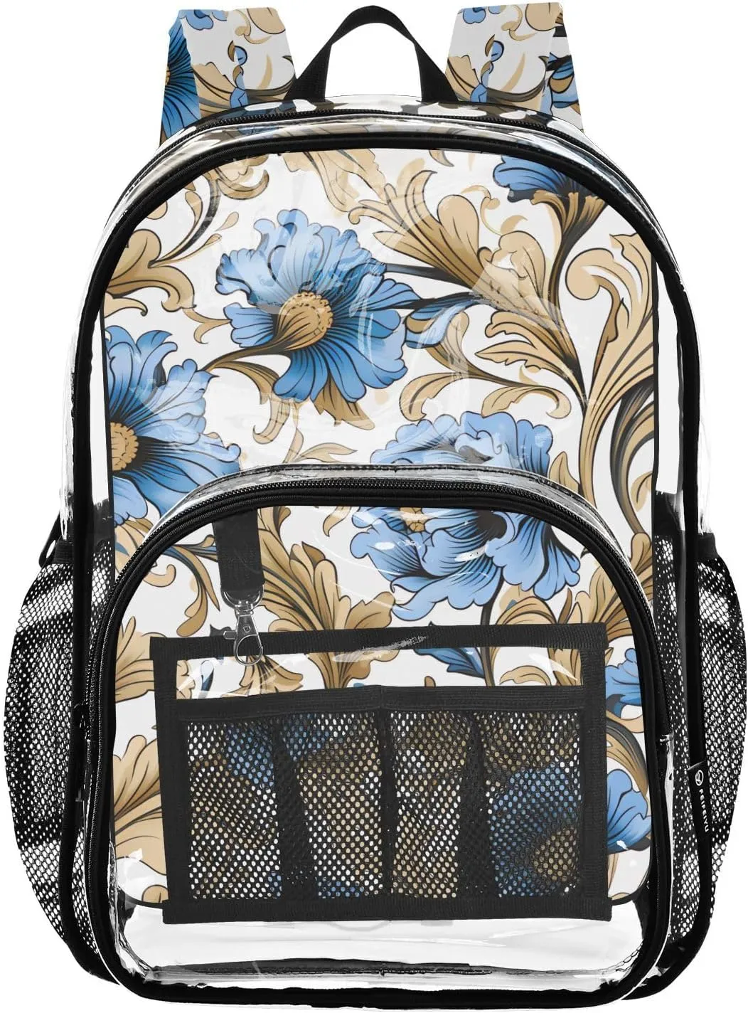 senya Transparent School Bag Blooming Blue Flowers Travel Backpack With Water-Resistant PVC Plastic Clear Bagpack