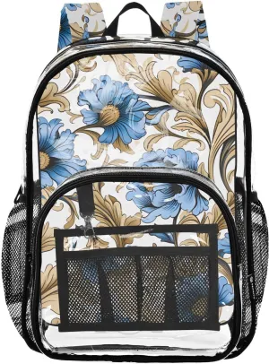 senya Transparent School Bag Blooming Blue Flowers Travel Backpack With Water-Resistant PVC Plastic Clear Bagpack