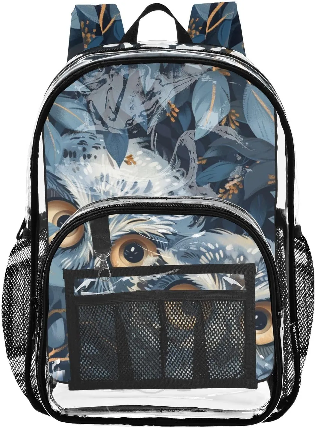 senya Transparent School Bag Blue Owls Leaves Travel Backpack With Water-Resistant PVC Plastic Clear Bagpack