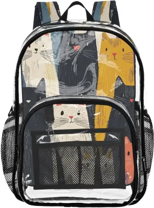 senya Transparent School Bag Cartoon Cat Crowd Travel Backpack With Water-Resistant PVC Plastic Clear Bagpack