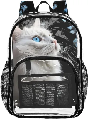 senya Transparent School Bag Cat Blue Butterfly Travel Backpack With Water-Resistant PVC Plastic Clear Bagpack