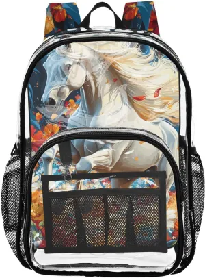 senya Transparent School Bag Colorful Flowers Horse Travel Backpack With Water-Resistant PVC Plastic Clear Bagpack