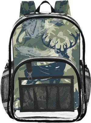 senya Transparent School Bag Deer Camouflage Leaves Travel Backpack With Water-Resistant PVC Plastic Clear Bagpack