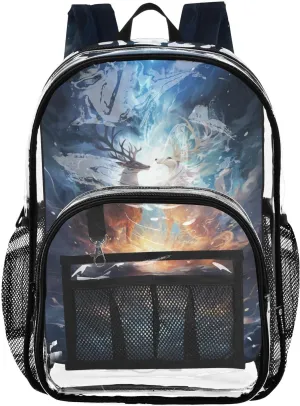 senya Transparent School Bag Ice-fire Deer Travel Backpack With Water-Resistant PVC Plastic Clear Bagpack
