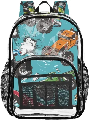 senya Transparent School Bag Monster Trucks Chase Travel Backpack With Water-Resistant PVC Plastic Clear Bagpack