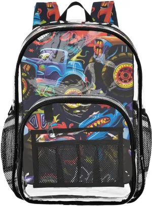 senya Transparent School Bag Naughty Monster Trucks Travel Backpack With Water-Resistant PVC Plastic Clear Bagpack