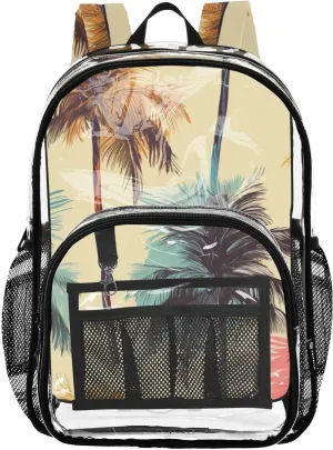 senya Transparent School Bag Painted Coconut Trees Travel Backpack With Water-Resistant PVC Plastic Clear Bagpack