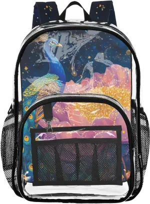 senya Transparent School Bag Peacock Lotus Travel Backpack With Water-Resistant PVC Plastic Clear Bagpack