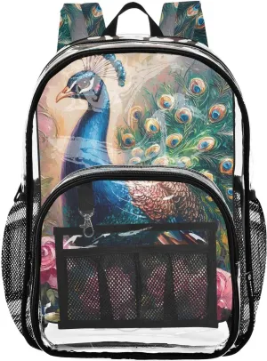 senya Transparent School Bag Peacock Pink Roses Travel Backpack With Water-Resistant PVC Plastic Clear Bagpack