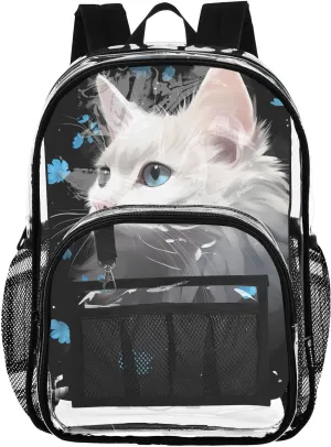 senya Transparent School Bag Pure White Cat Travel Backpack With Water-Resistant PVC Plastic Clear Bagpack
