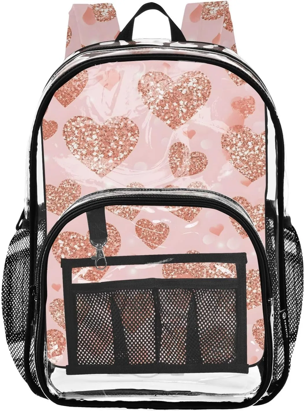 senya Transparent School Bag Shiny Gold Hearts Travel Backpack With Water-Resistant PVC Plastic Clear Bagpack
