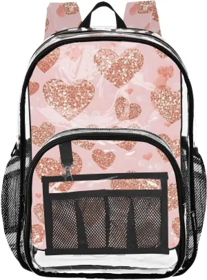 senya Transparent School Bag Shiny Gold Hearts Travel Backpack With Water-Resistant PVC Plastic Clear Bagpack