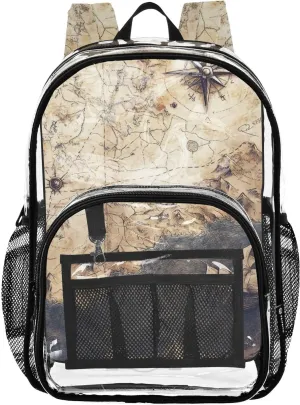 senya Transparent School Bag Vintage Ancient Map Travel Backpack With Water-Resistant PVC Plastic Clear Bagpack