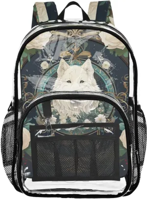 senya Transparent School Bag White Wolf Roses Travel Backpack With Water-Resistant PVC Plastic Clear Bagpack