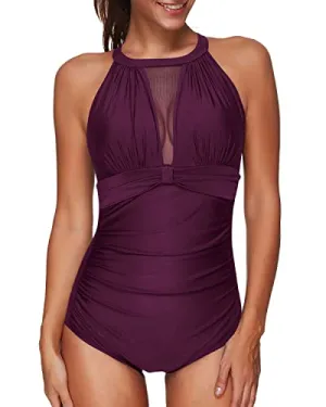 Sexy Deep Plunge Push-Up One Piece Swimsuit For Women-Maroon